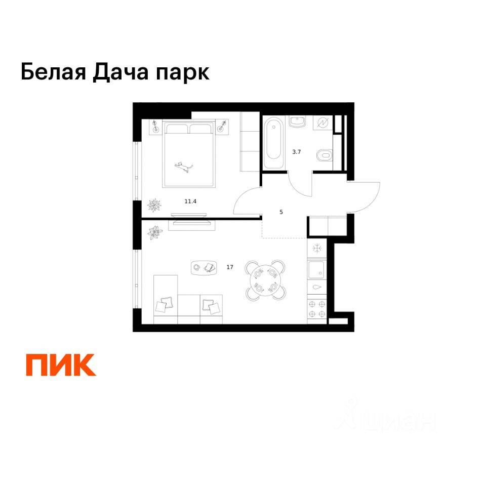 1-комн. квартира, 37,1 м², в ЖК «Белая Дача парк»
