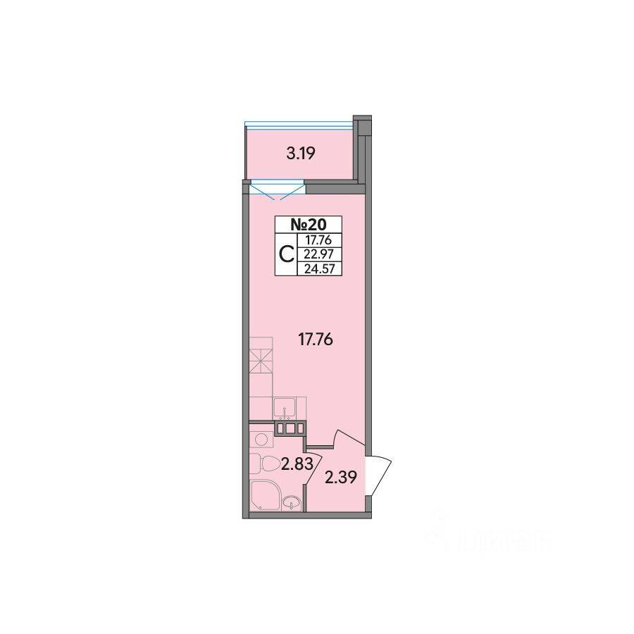 Планировка 1 комнатной квартиры, 24.58 м², в «Рождественский квартал»