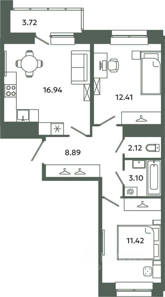 2-комн. квартира, 54,88 м², в ЖК Загляденье