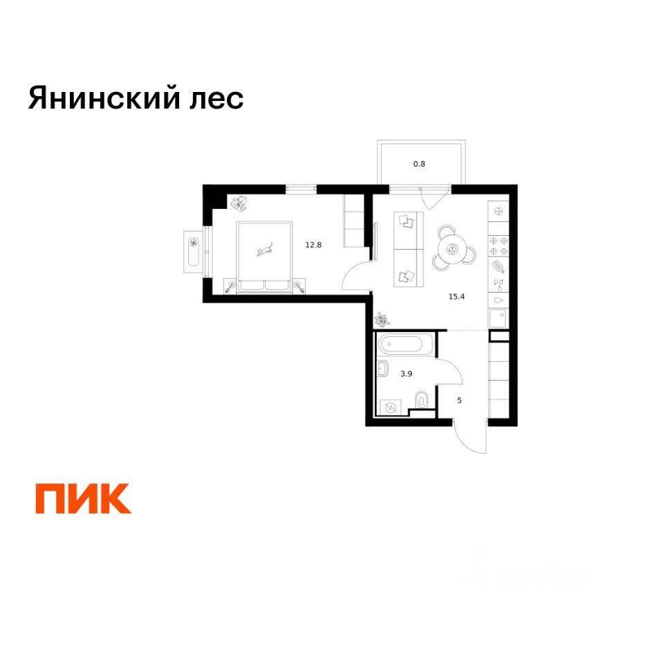 1-комн. квартира, 37,9 м², в ЖК Янинский лес