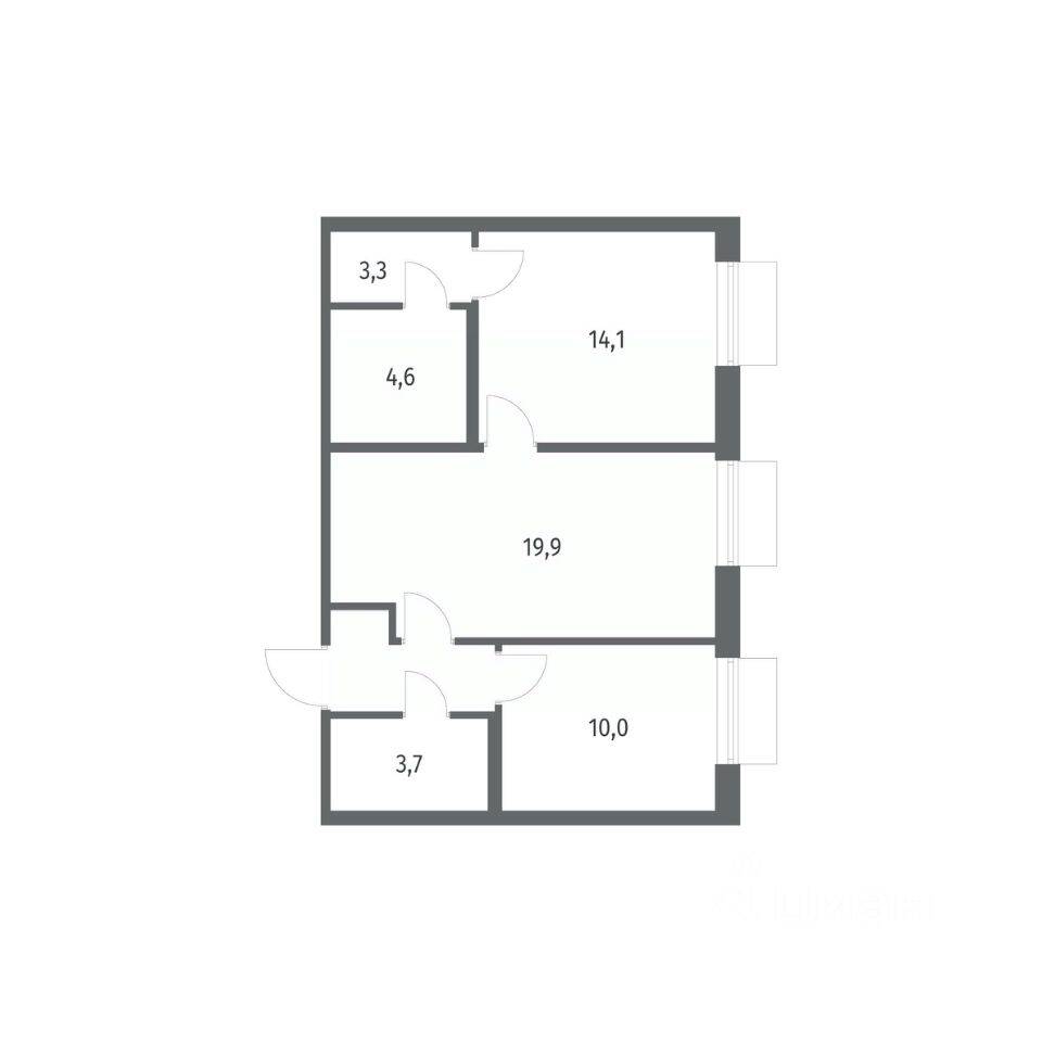 Планировка 2 комнатной квартиры, 59.3 м², в «Парусная 1»