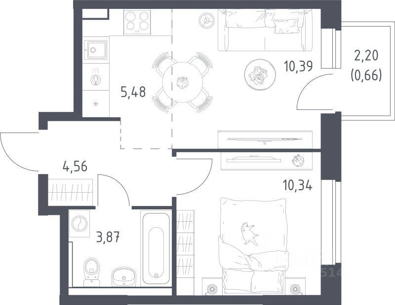 1-комн. квартира, 34,8 м², в ЖК «Пригород Лесное»