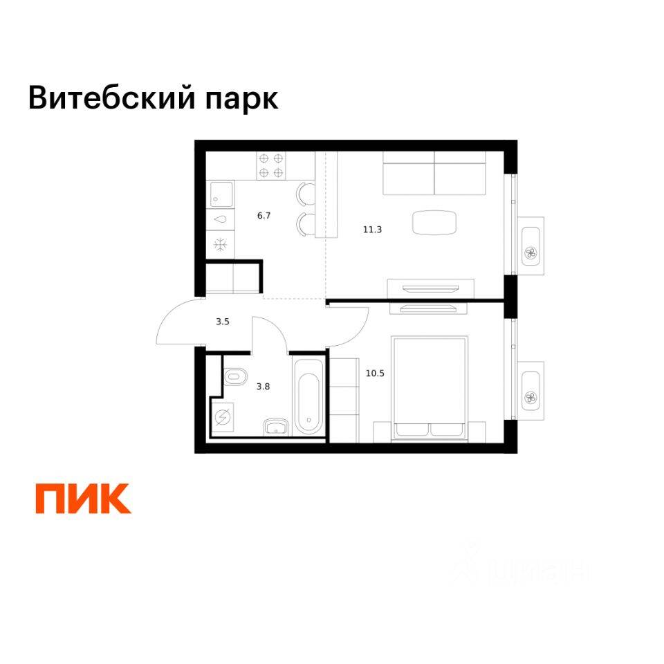 1-комн. квартира, 35,8 м², в ЖК Витебский парк