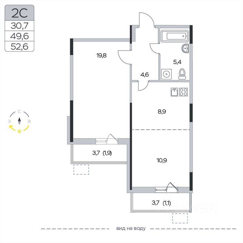 2-комн. квартира, 52,6 м², в ЖК «Пироговская Ривьера»