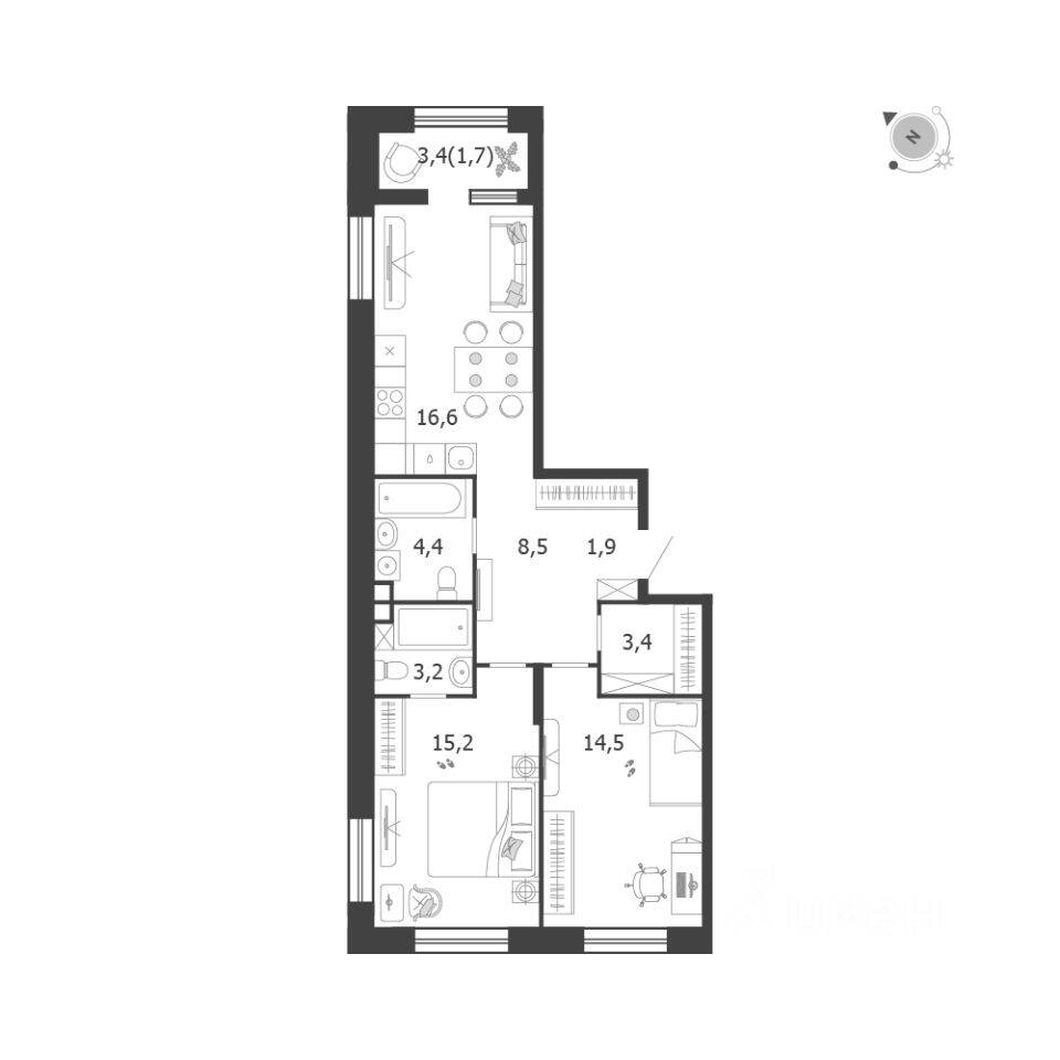 2-комн. квартира, 69,4 м², в ЖК Жилой квартал Shagal
