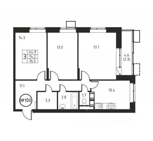 3-комн. квартира, 76,5 м², в ЖК Космос