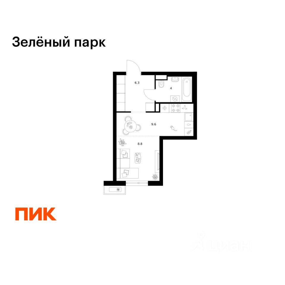 Планировка 1 комнатной квартиры, 28.7 м², в «Зеленый парк»