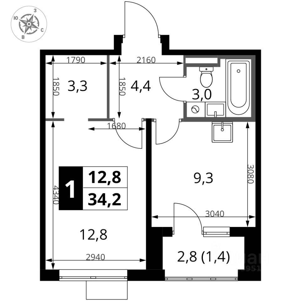 1-комн. квартира, 34,2 м², в ЖК 1-й Донской
