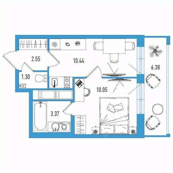 Планировка 1 комнатной квартиры, 29.62 м², в «Искра Сити»