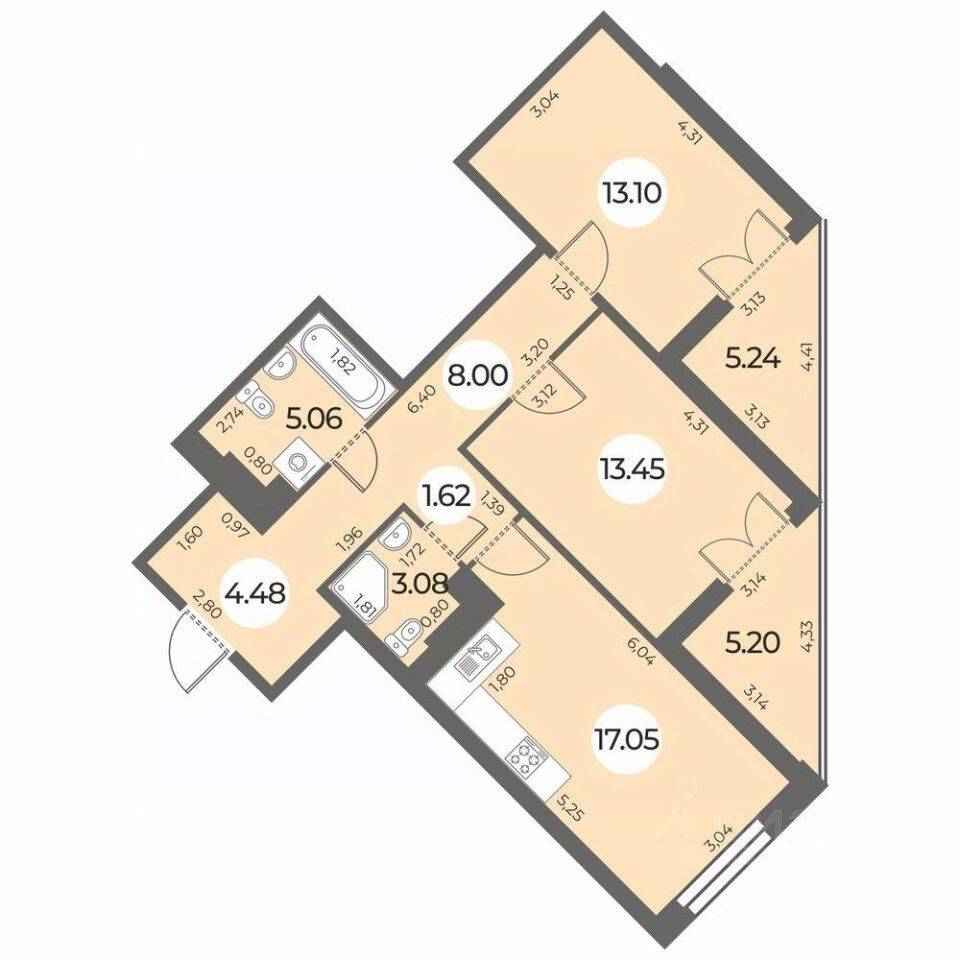 2-комн. квартира, 71,06 м², в ЖК «Огни Залива»