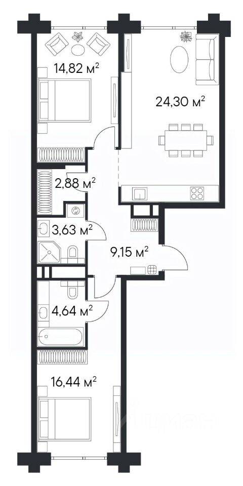 2-комн. квартира, 75,07 м², в ЖК 1-й Нагатинский