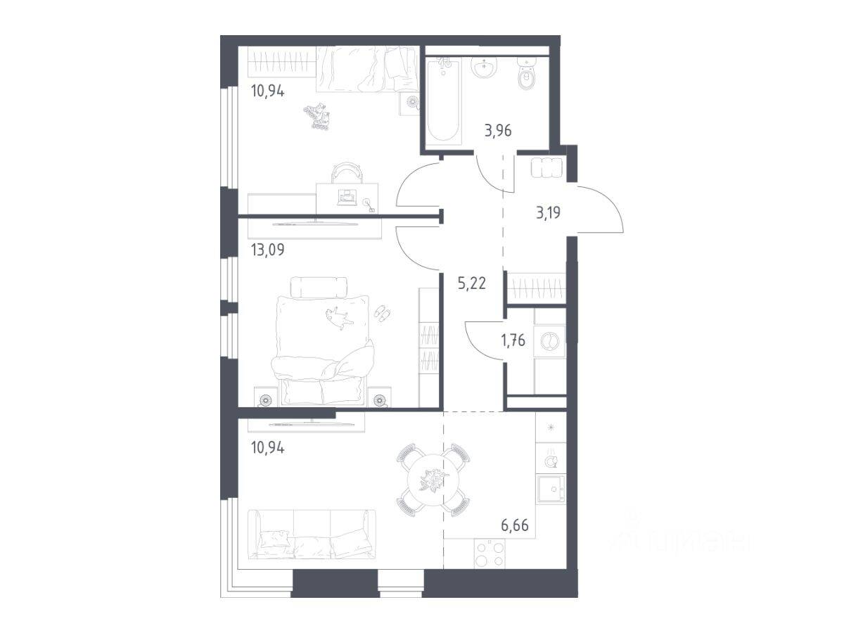 2-комн. квартира, 55,76 м², в ЖК «Пригород Лесное»