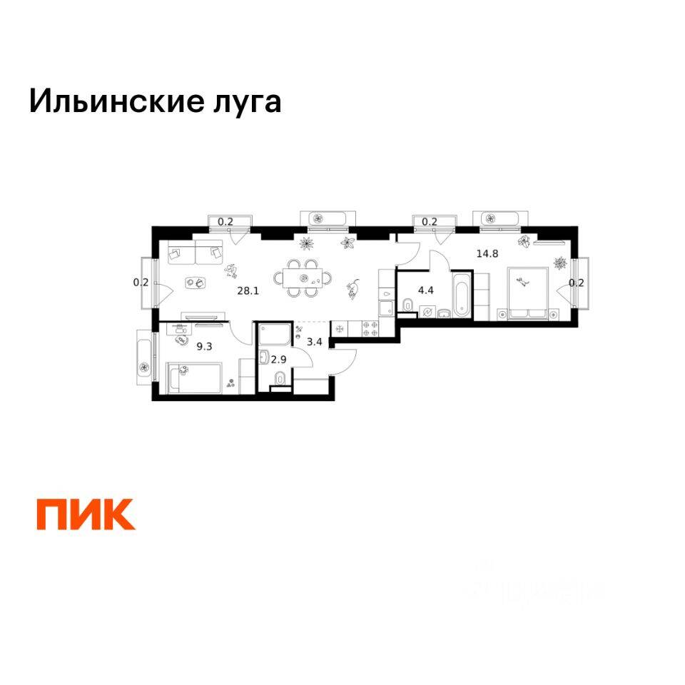 2-комн. квартира, 63,7 м², в ЖК «Ильинские луга»
