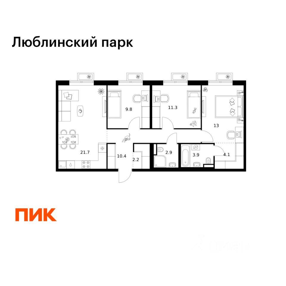 3-комн. квартира, 79,3 м², в ЖК «Люблинский парк»