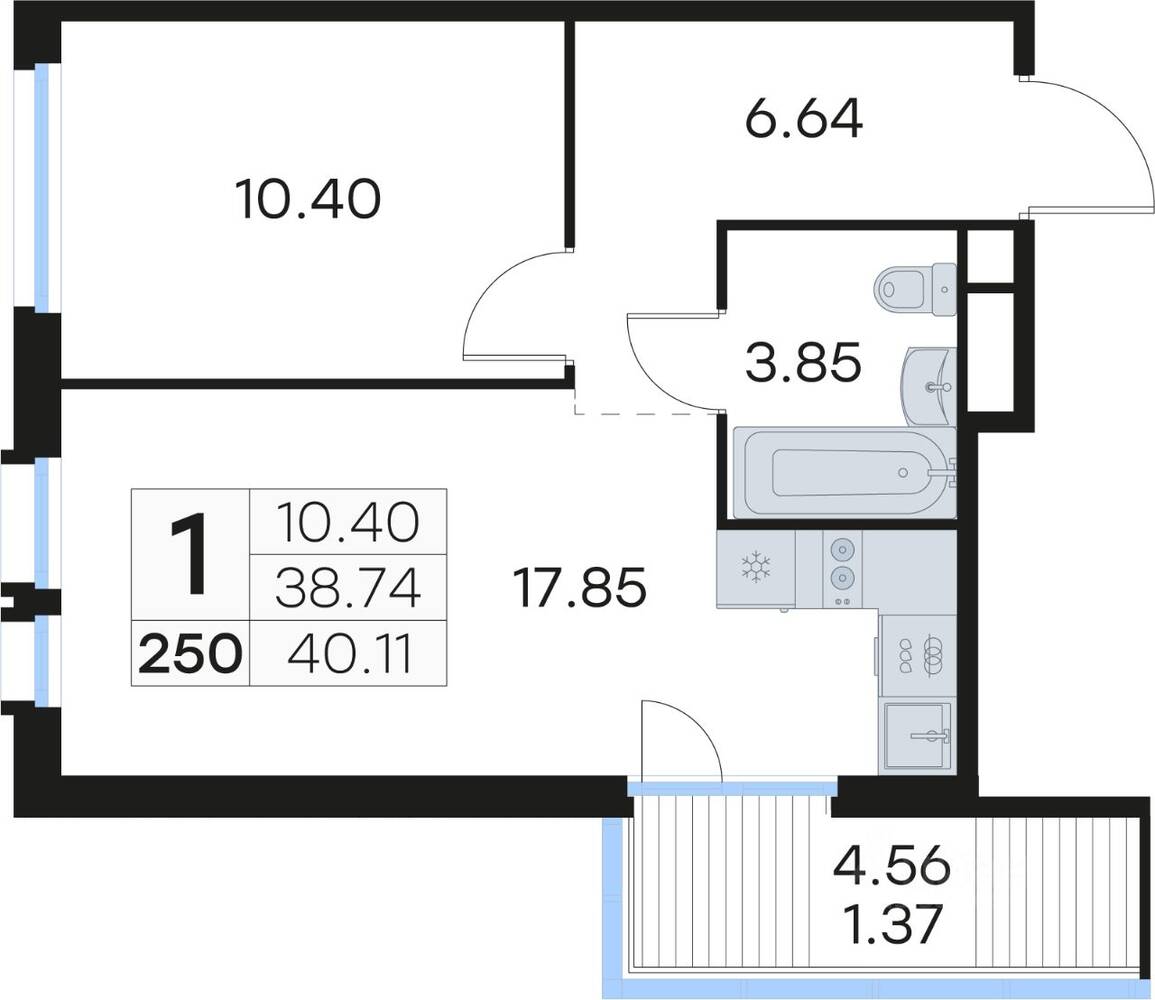 1-комн. квартира, 40,6 м², в ЖК GloraX Парголово