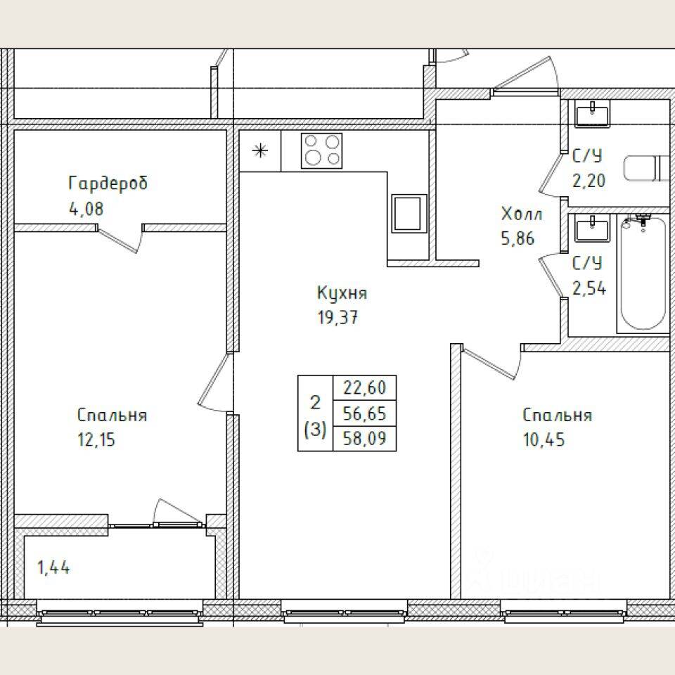 2-комн. квартира, 57,45 м², в ЖК Этала