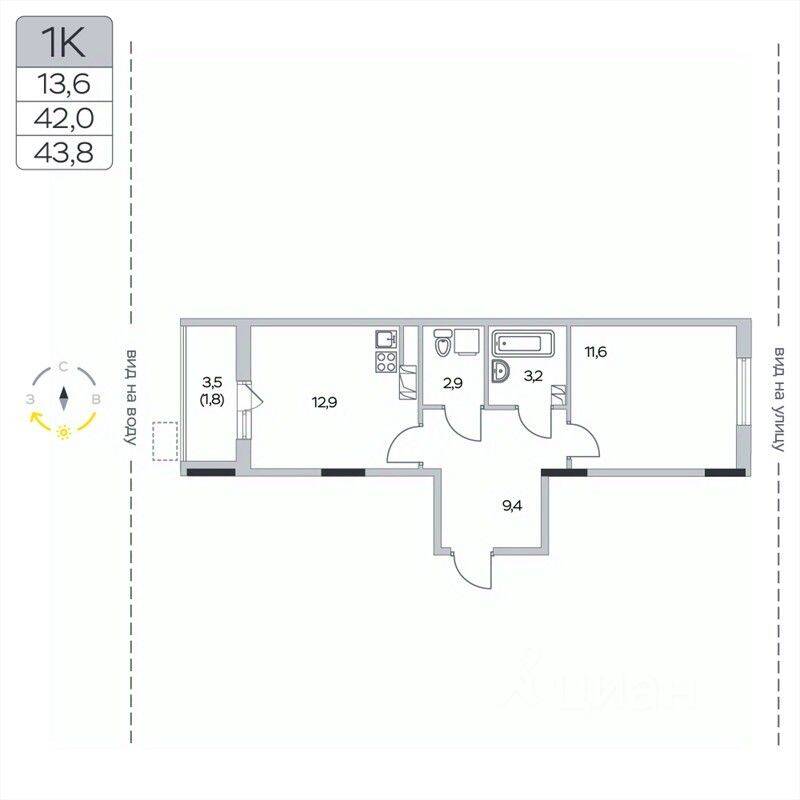 1-комн. квартира, 43,8 м², в ЖК «Пироговская Ривьера»