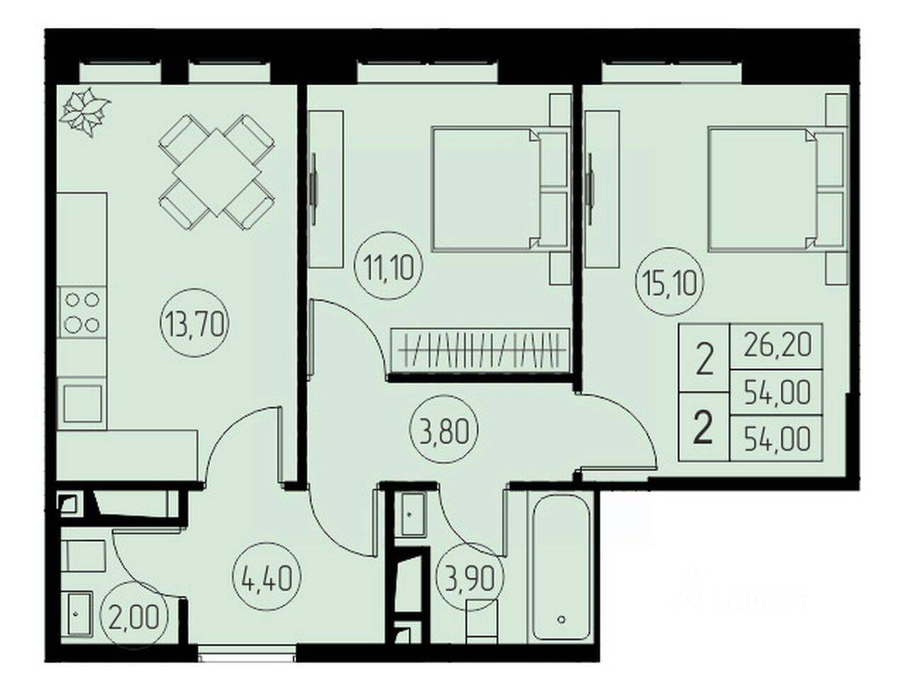 2-комн. квартира, 54 м², в ЖК «31 квартал»