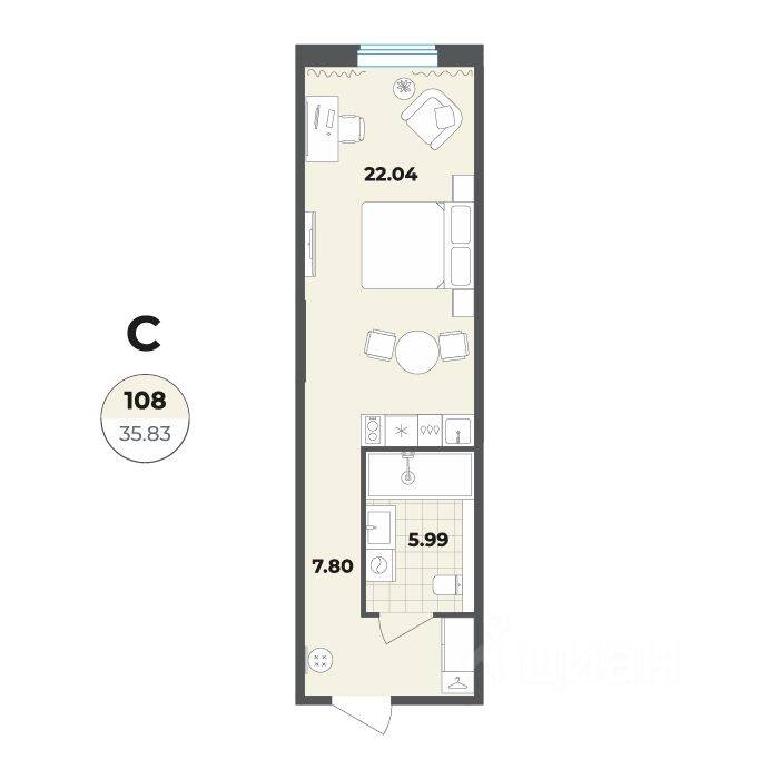 Квартира-студия, 35,83 м², в Апарт-комплекс Лиговский, 127