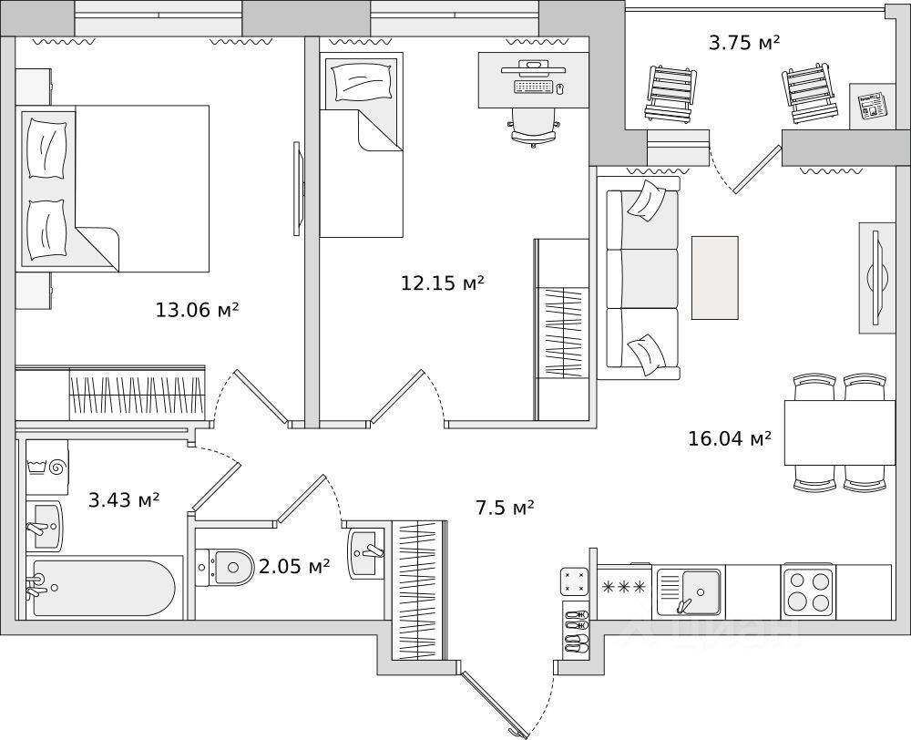 2-комн. квартира, 57,98 м², в ЖК ЦДС «Dreamline»