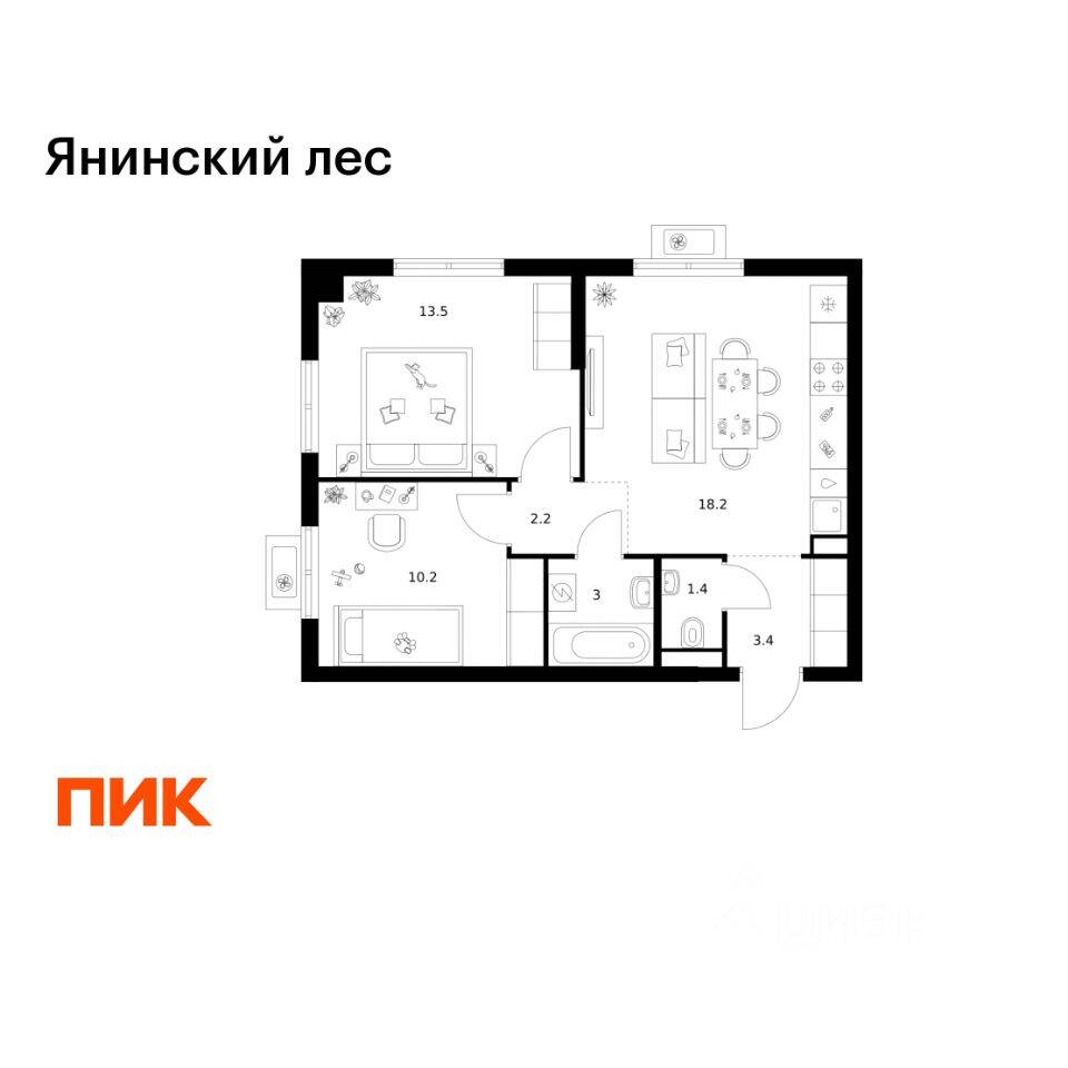 2-комн. квартира, 51,9 м², в ЖК Янинский лес
