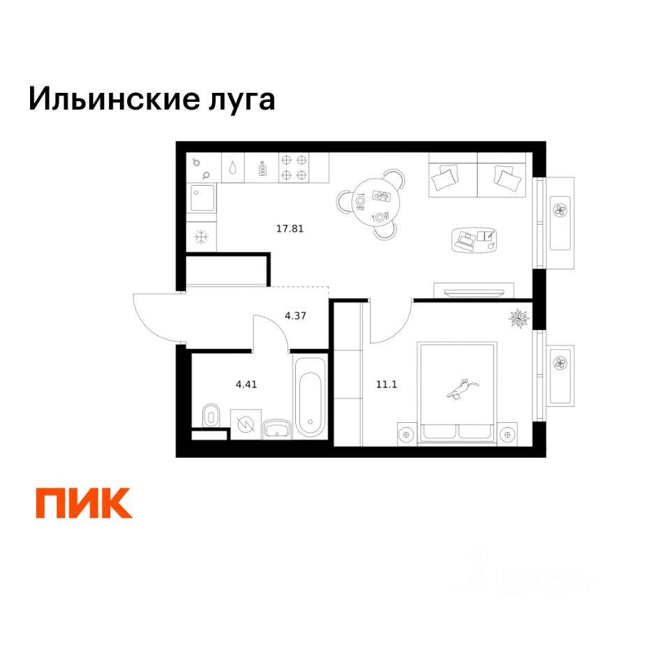 1-комн. квартира, 37,69 м², в ЖК «Ильинские луга»