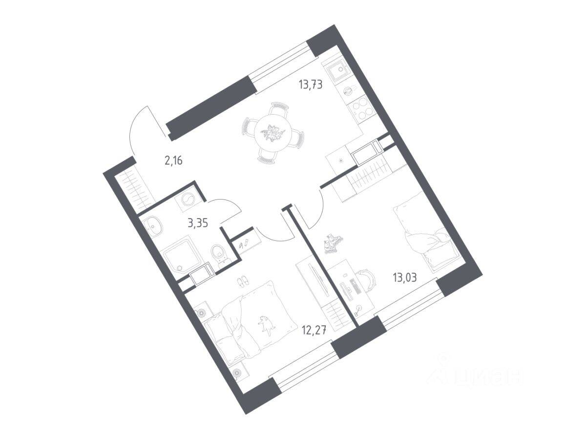 2-комн. квартира, 44,54 м², в ЖК ЭкоБунино