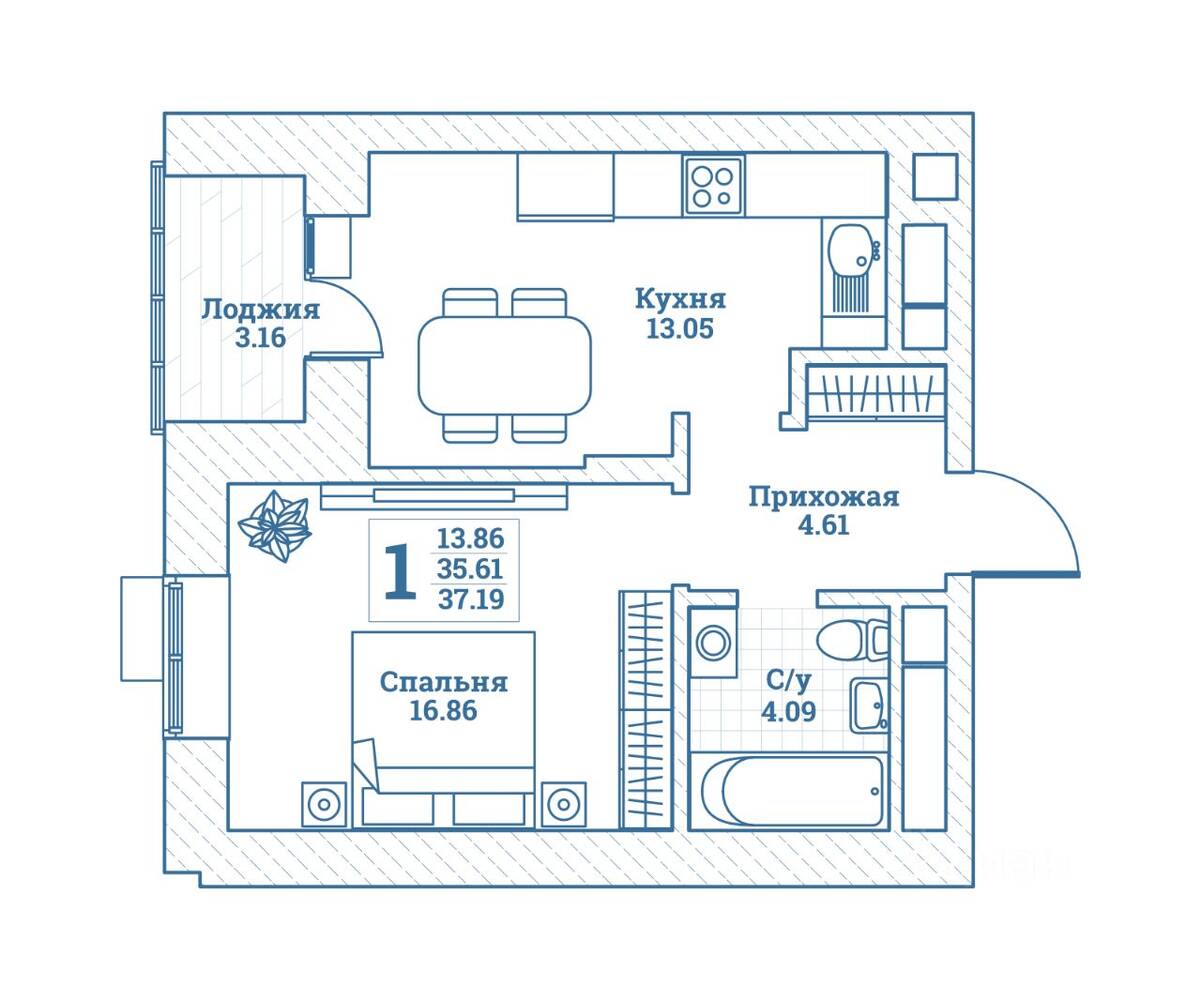 1-комн. квартира, 37,19 м², в ЖК Новоград Монино