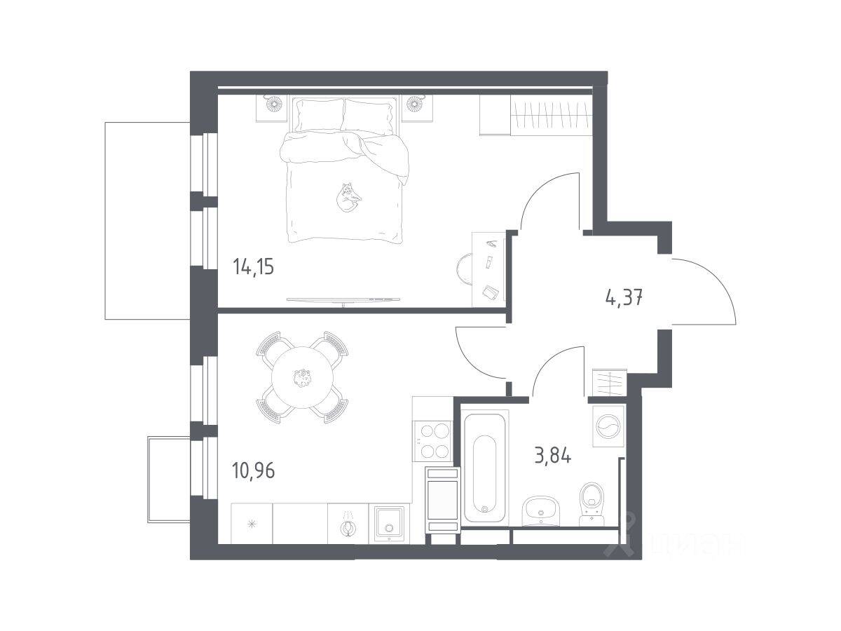 Планировка 1 комнатной квартиры, 33.32 м², в «Большое Путилково»