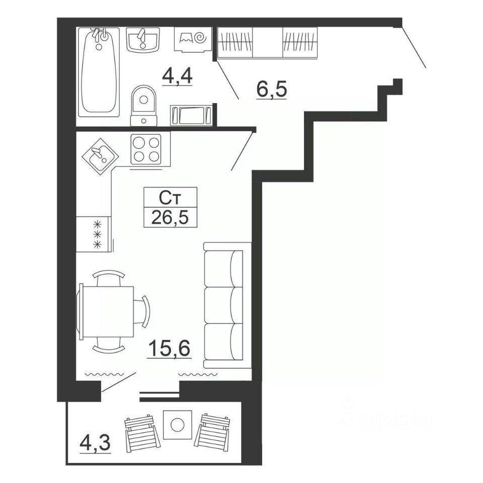 Планировка 1 комнатной квартиры, 26.5 м², в «Рубеж»