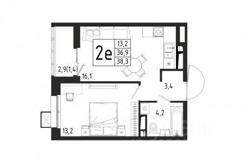 1-комн. квартира, 38,3 м², в ЖК «Берег»