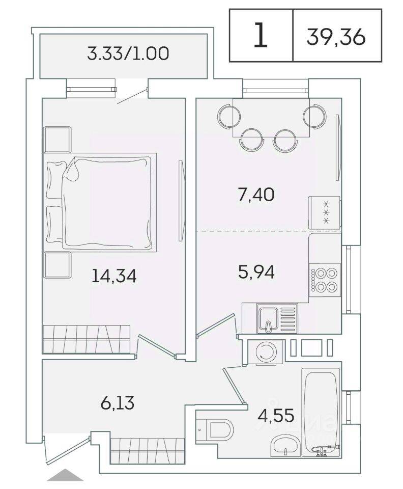 1-комн. квартира, 38,4 м², в ЖК «Lampo»