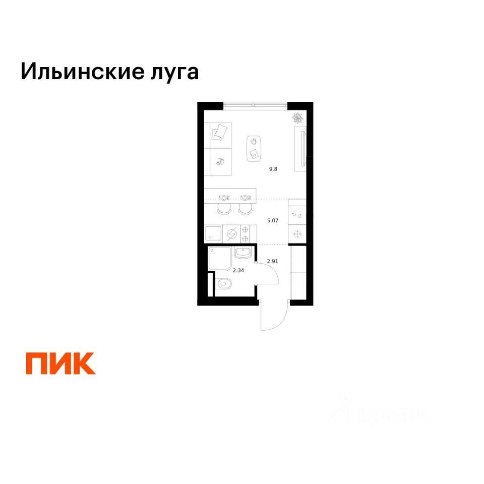 Планировка 1 комнатной квартиры, 20.12 м², в «Ильинские луга»