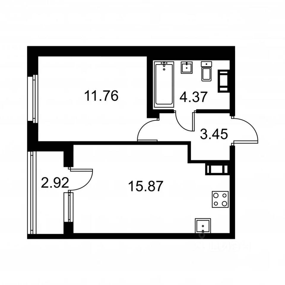 1-комн. квартира, 36,91 м², в ЖК Квартал Заречье
