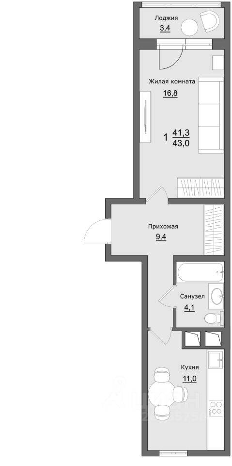 Планировка 1 комнатной квартиры, 42.8 м², в «Клевер»