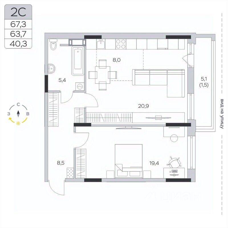 2-комн. квартира, 63,8 м², в ЖК «Пироговская Ривьера»