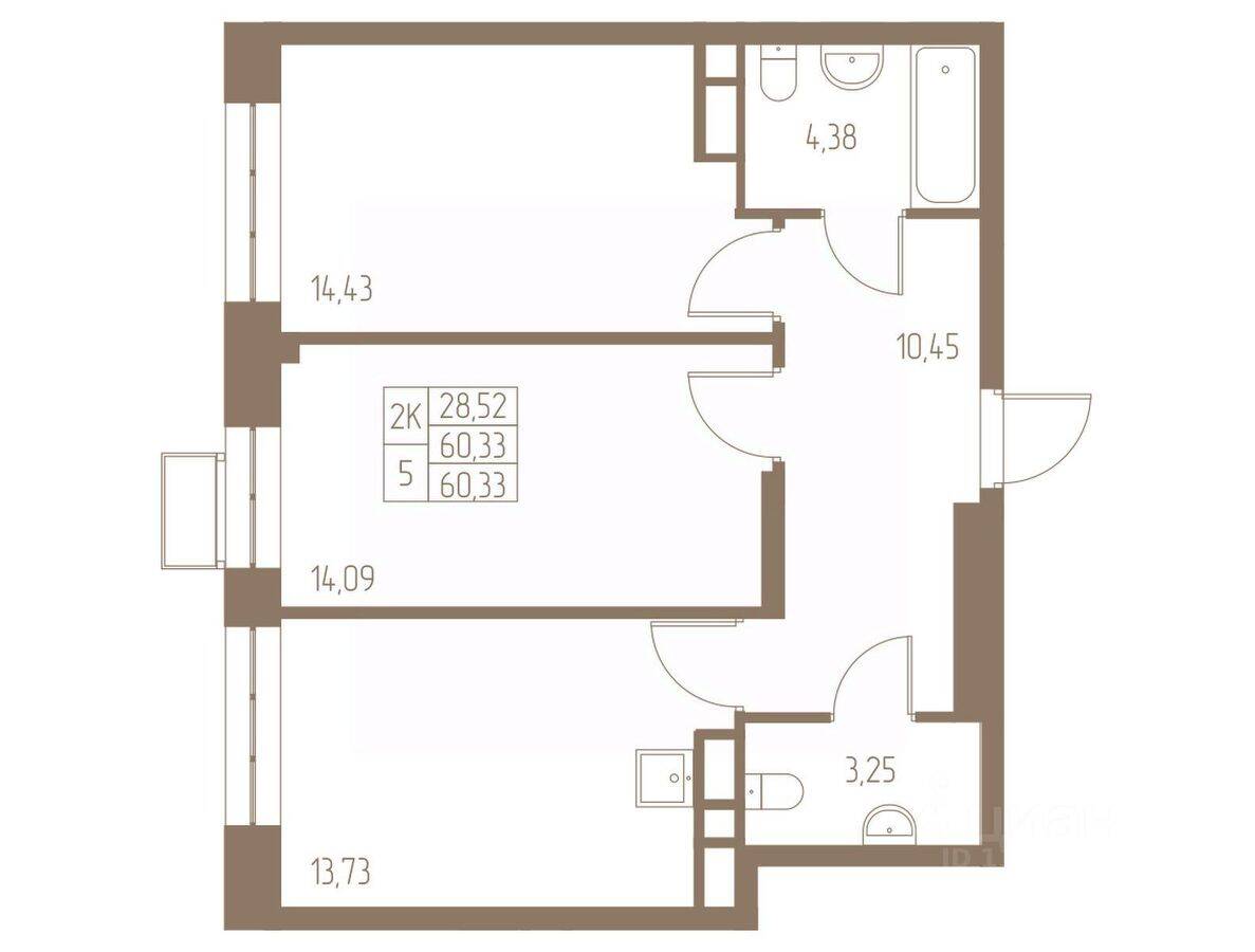 2-комн. квартира, 60,33 м², в ЖК Фабрикант