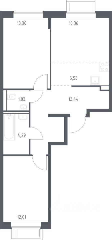 Планировка 2 комнатной квартиры, 59.76 м², в «Квартал Домашний»