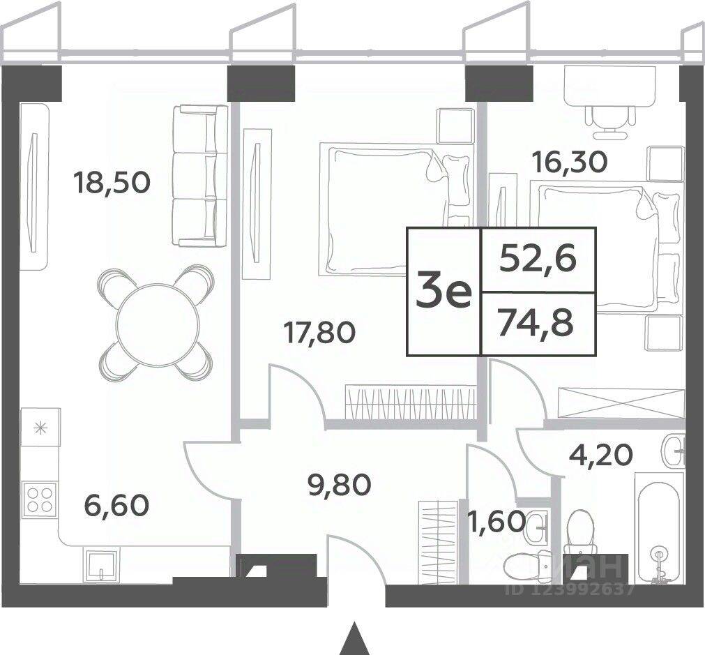 Планировка 3 комнатной квартиры, 74.8 м², в «Will Towers»