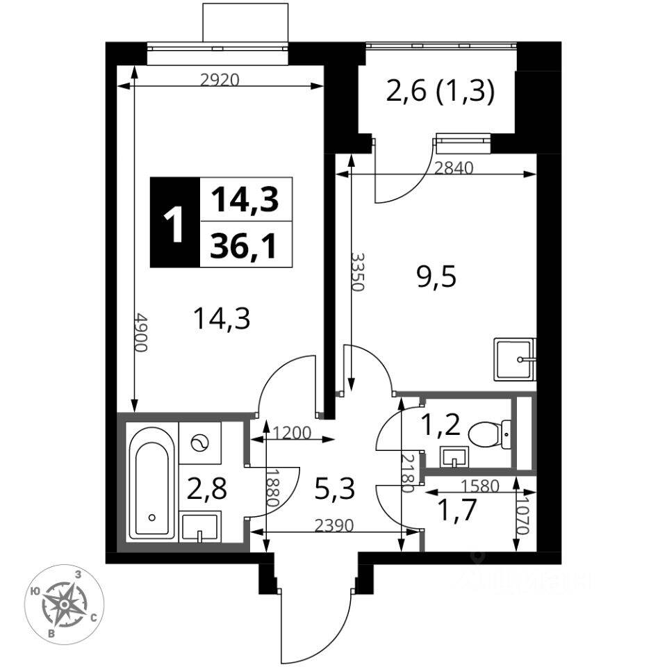 1-комн. квартира, 36,1 м², в ЖК 1-й Донской