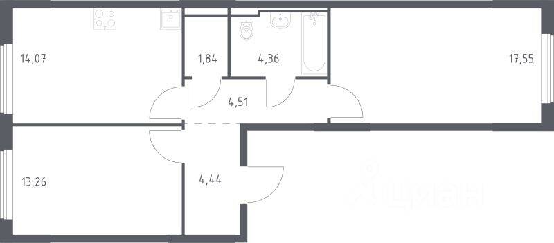 2-комн. квартира, 60,03 м², в ЖК Мытищи Парк