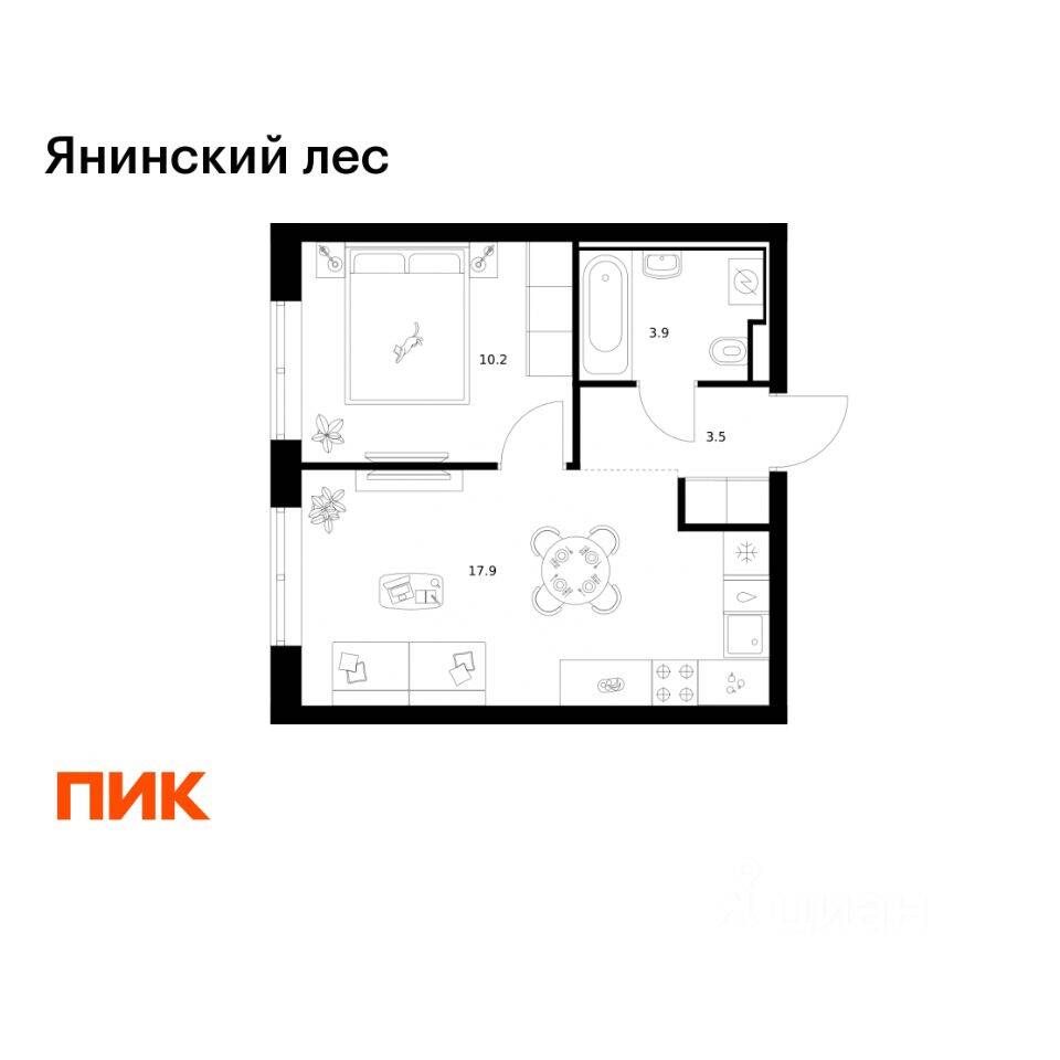 1-комн. квартира, 35,5 м², в ЖК Янинский лес