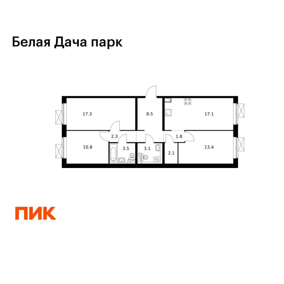 3-комн. квартира, 79,9 м², в ЖК «Белая Дача парк»
