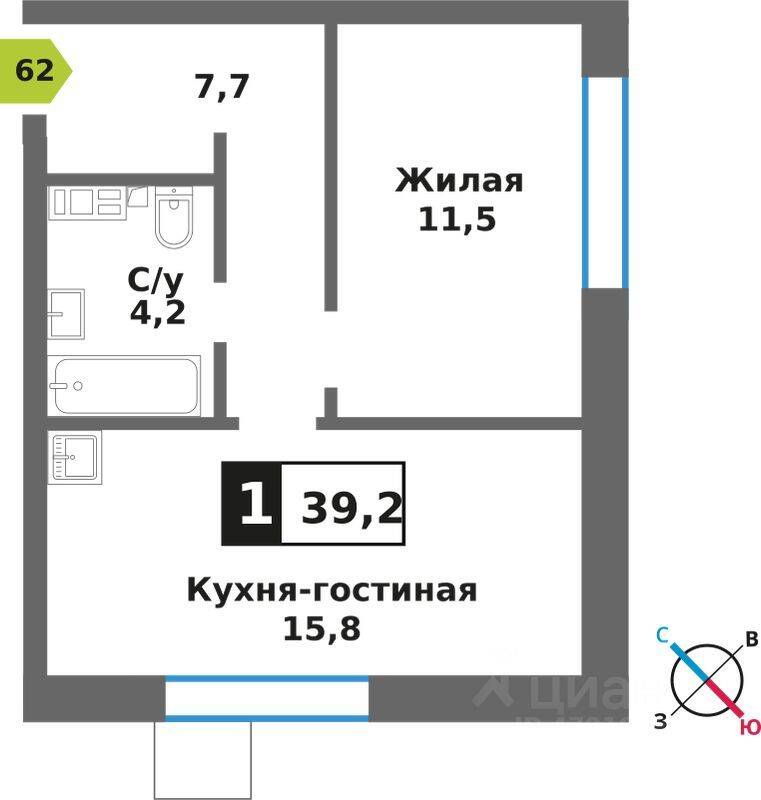 Планировка 1 комнатной квартиры, 39.2 м², в «Лесная Отрада»