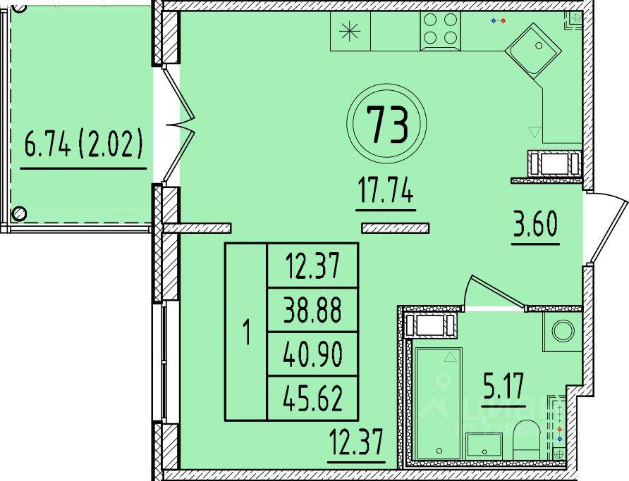 1-комн. квартира, 38,88 м², в Малоэтажный ЖК Образцовый квартал 17