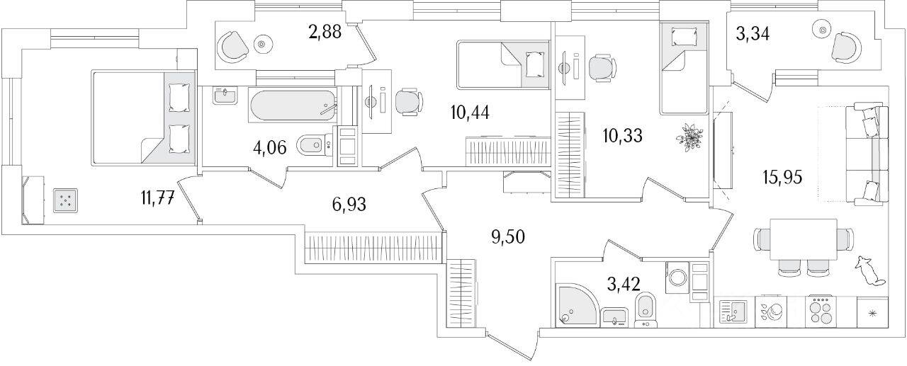 3-комн. квартира, 75,51 м², в ЖК «Гранат»