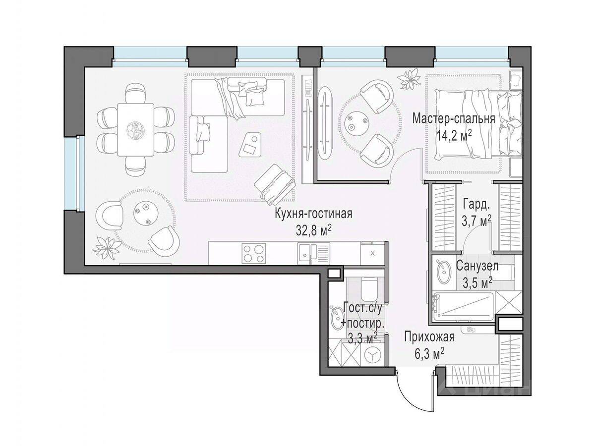 1-комн. квартира, 63,7 м², в ЖК Квартал Белый Град