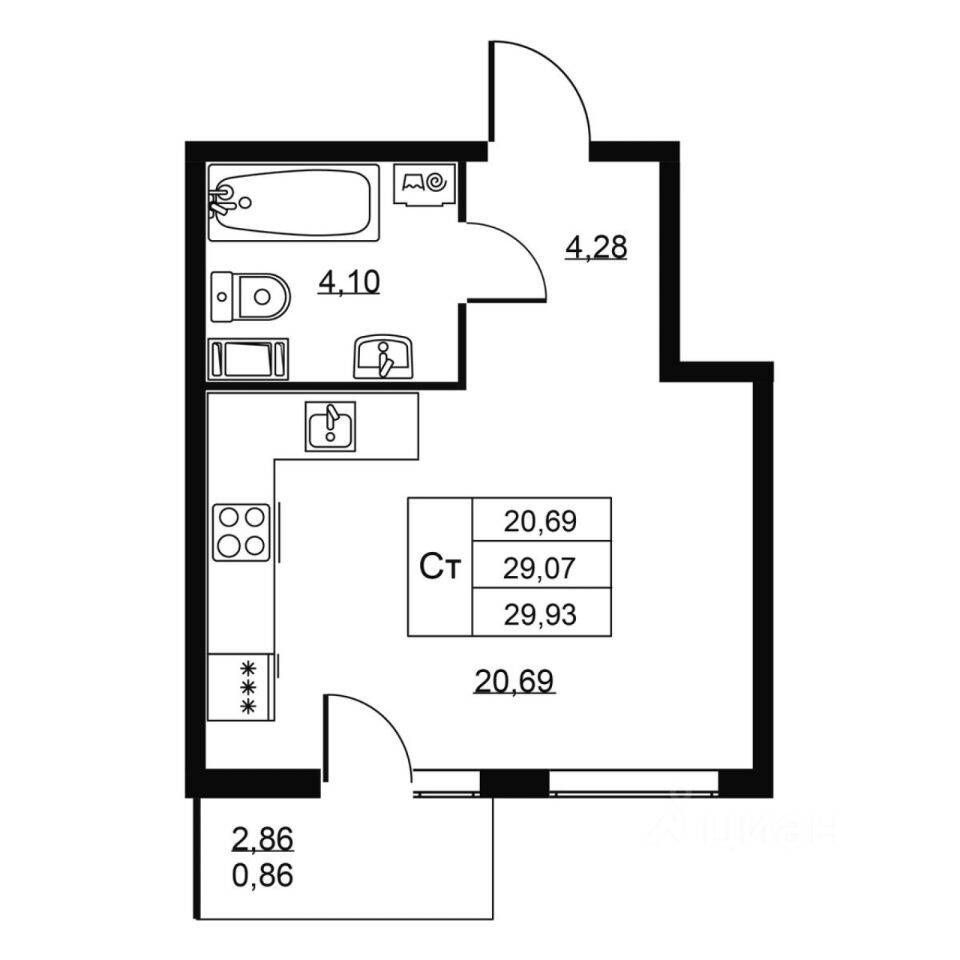 Квартира-студия, 29,93 м², в ЖК Перспектива