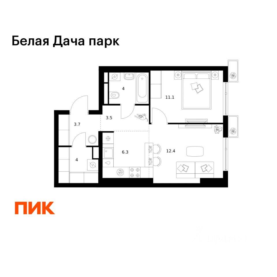 1-комн. квартира, 45 м², в ЖК «Белая Дача парк»