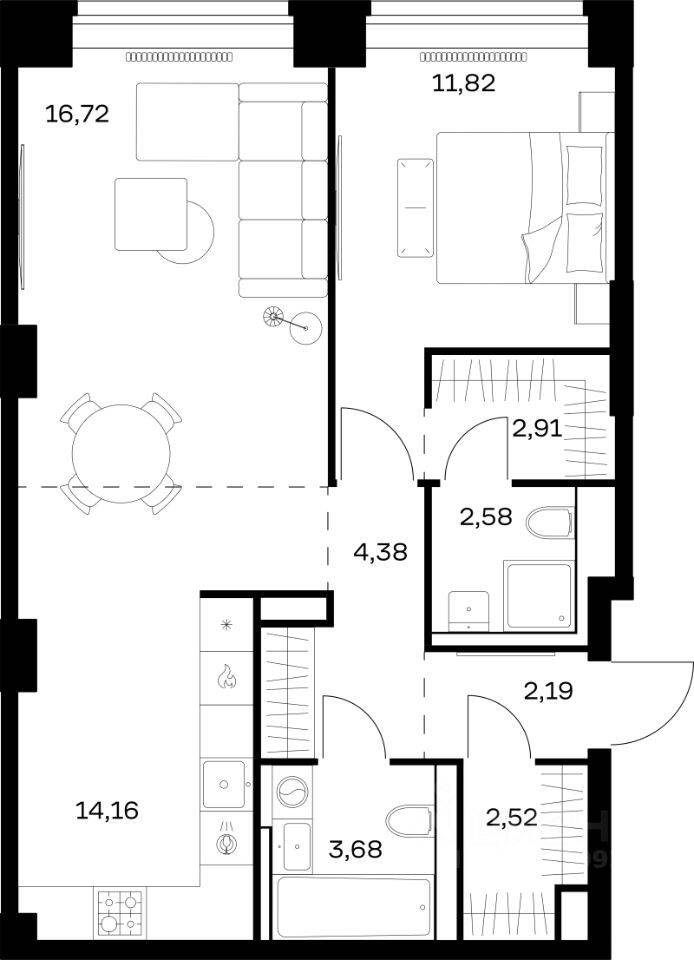 1-комн. квартира, 60,96 м², в ЖК Nova